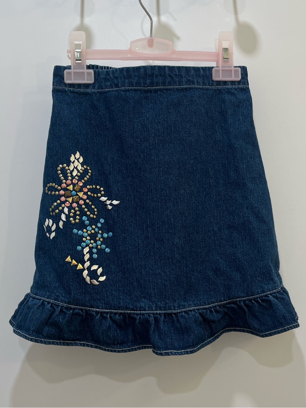 Toffee Apple Embellished Denim Jean Skirt with Ruffle Denim Hem, Size 5, Girl